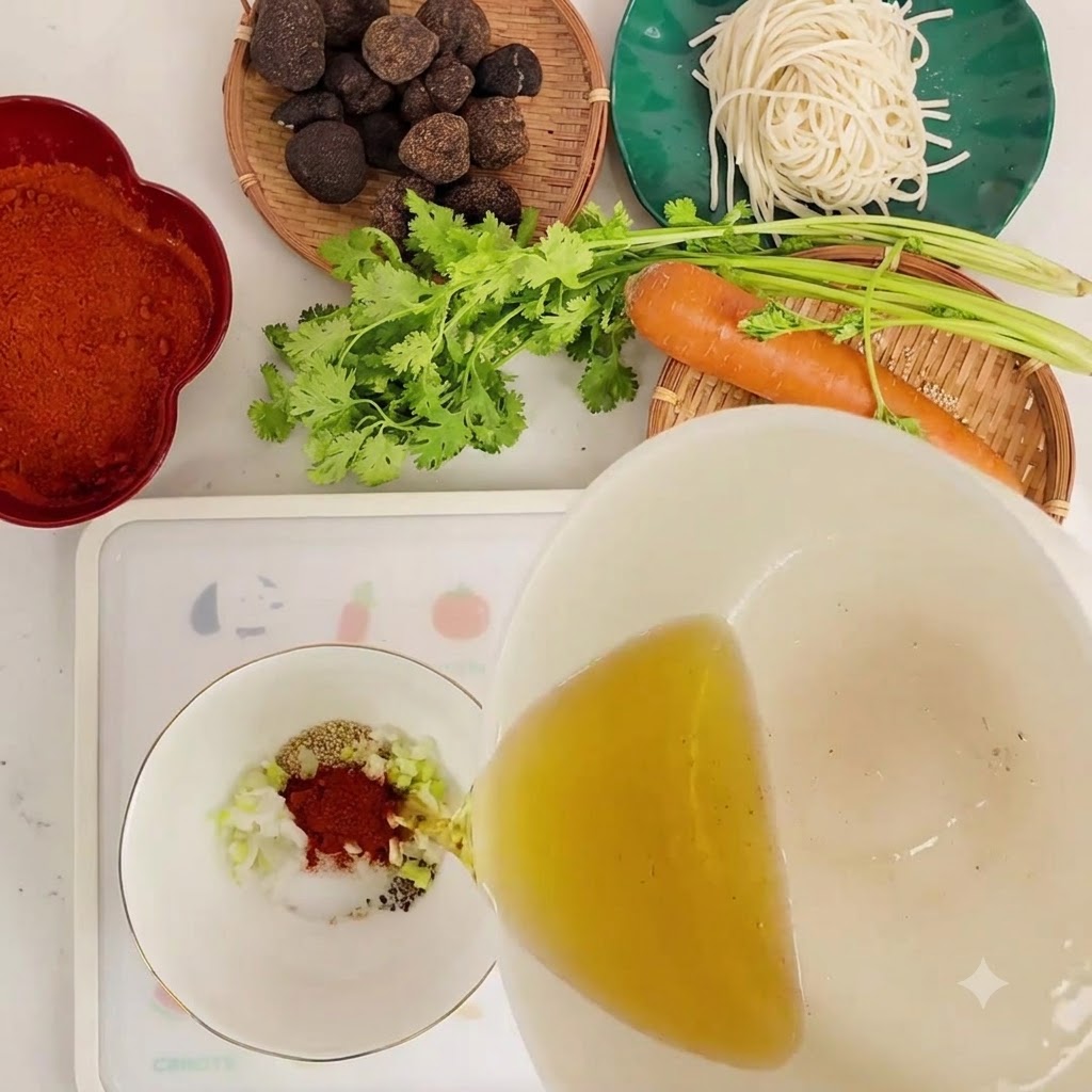 Aceite de cocina caliente siendo vertido de una sartén al tazón de condimentos secos, causando un chisporroteo.
