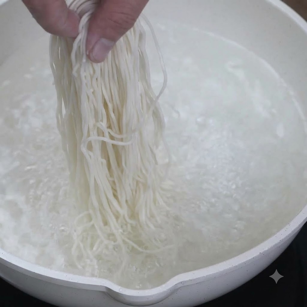 Fideos crudos siendo sumergidos en una olla con agua hirviendo burbujeante.