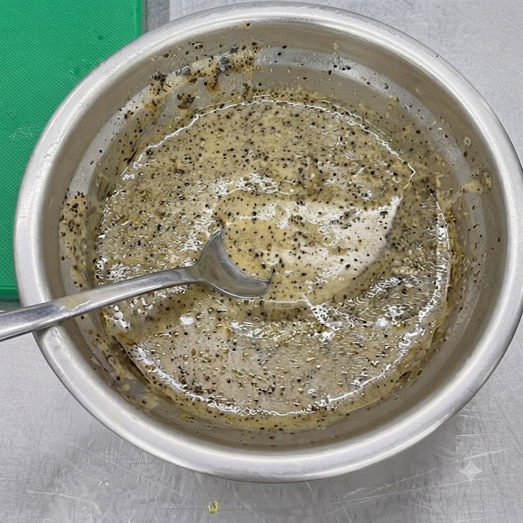 Un pequeño bol de metal con una mezcla oscura de trufa negra y salsa de sésamo siendo removida con una cuchara.