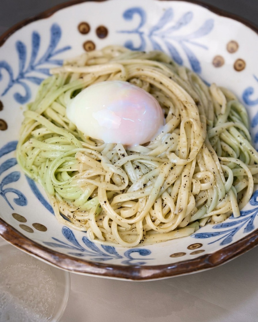 Fideos cubiertos de salsa cuidadosamente colocados en un cuenco decorativo de cerámica azul y blanca.
