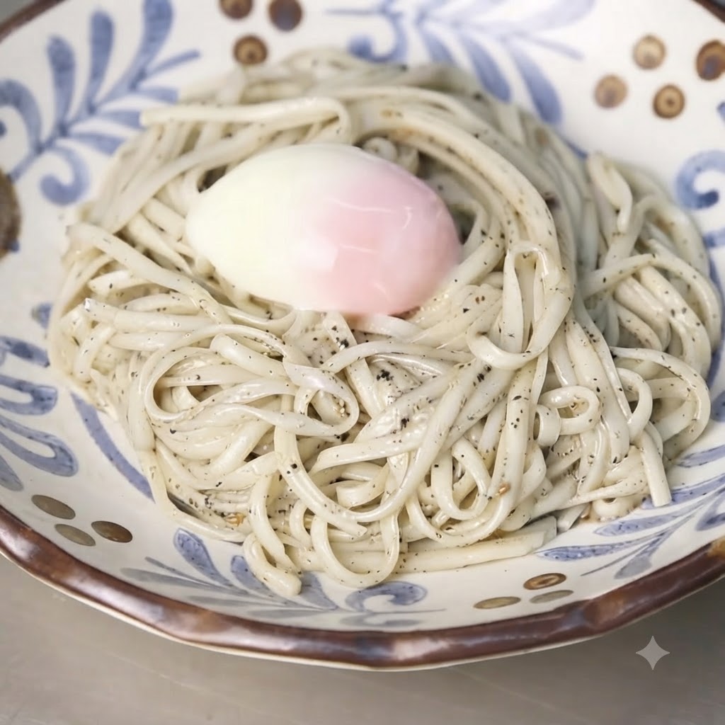 Un huevo onsen pasado por agua colocado en el centro del nido de fideos dentro de un cuenco de cerámica.
