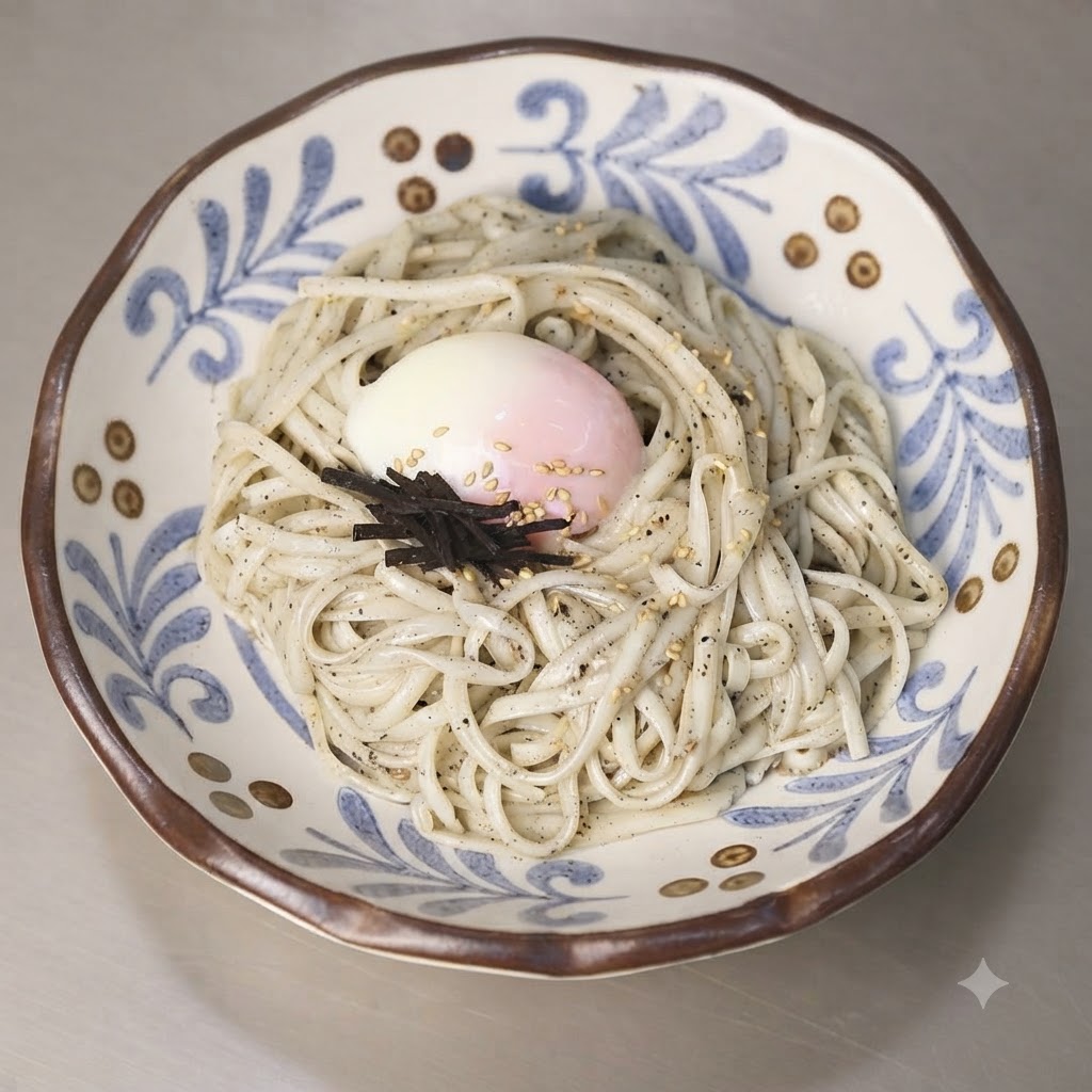 Semillas de sésamo tostadas esparcidas uniformemente sobre los fideos y el huevo onsen en el cuenco decorativo.
