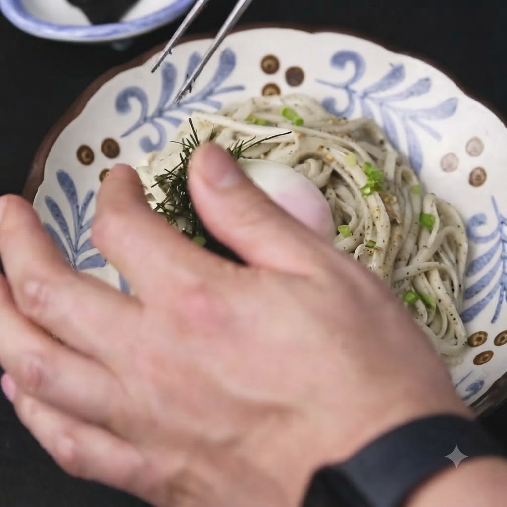 Manos usando unas pinzas para colocar alga nori rallada sobre el plato de fideos.