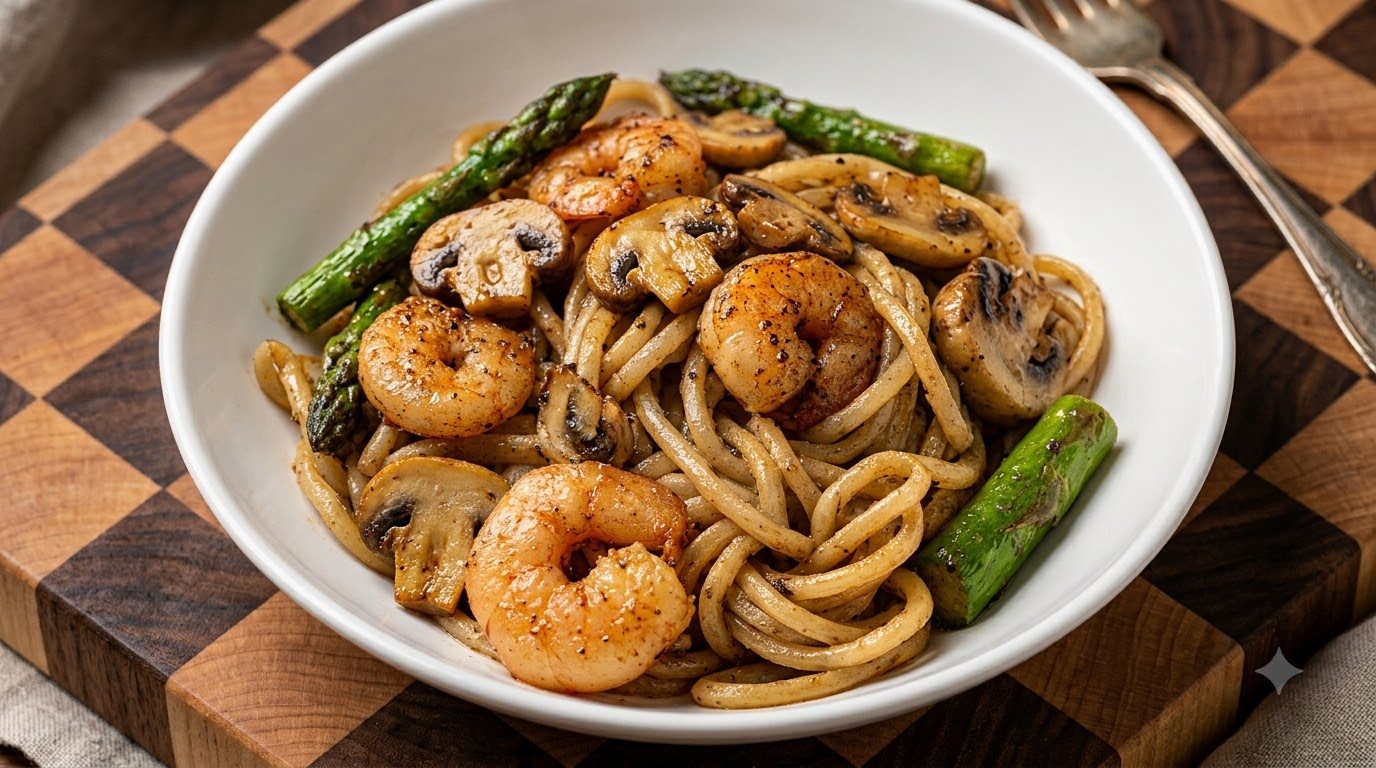 Fideos con Trufa Negra y Camarones
