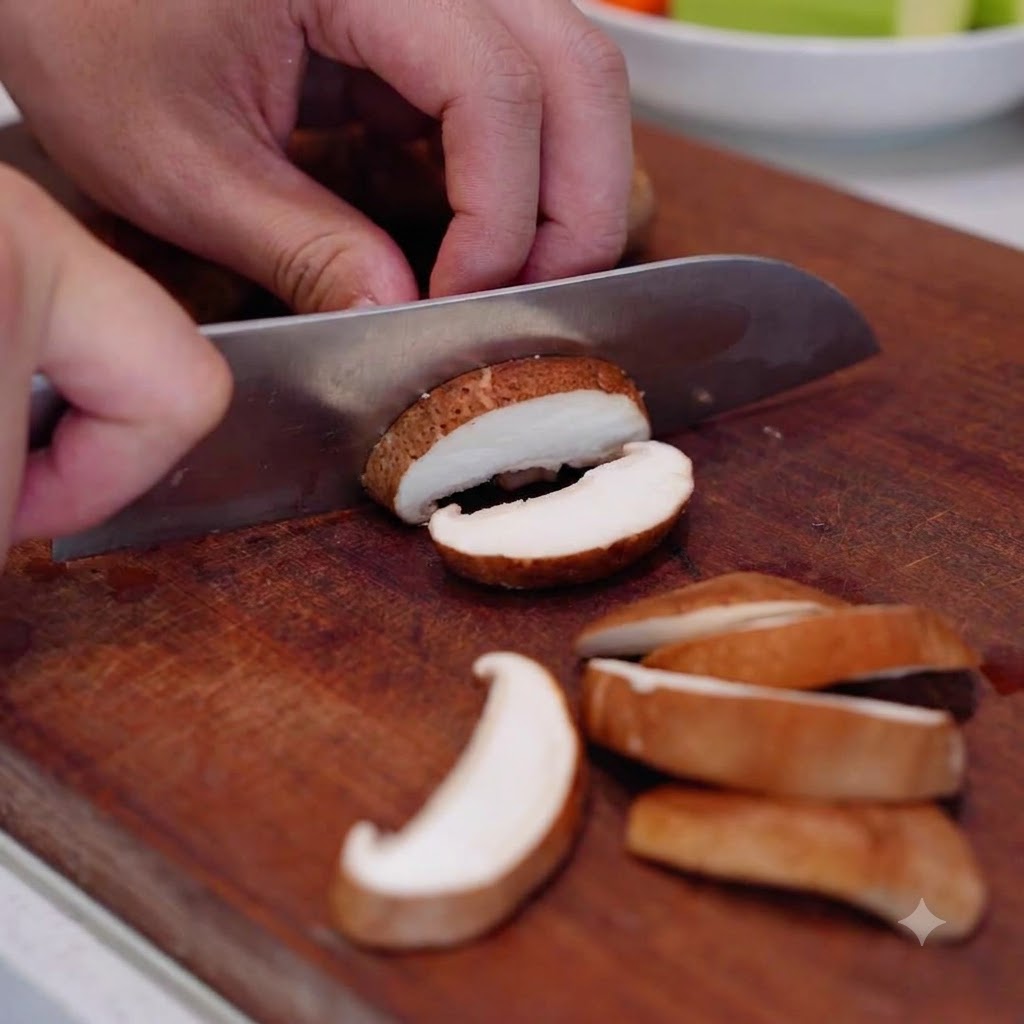 Un par de manos usando un cuchillo de chef para cortar champiñones shiitake frescos en rodajas gruesas sobre una tabla de cortar de madera.
