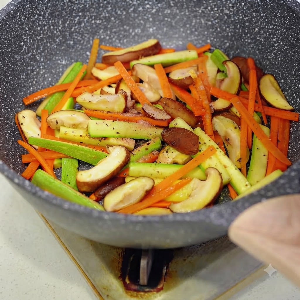 Pimienta negra recién molida sobre la colorida mezcla de verduras que se cocina en una sartén.