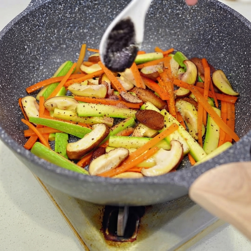 Una cuchara blanca añadiendo una cucharada de salsa de trufa negra oscura en una sartén llena de verduras salteadas.