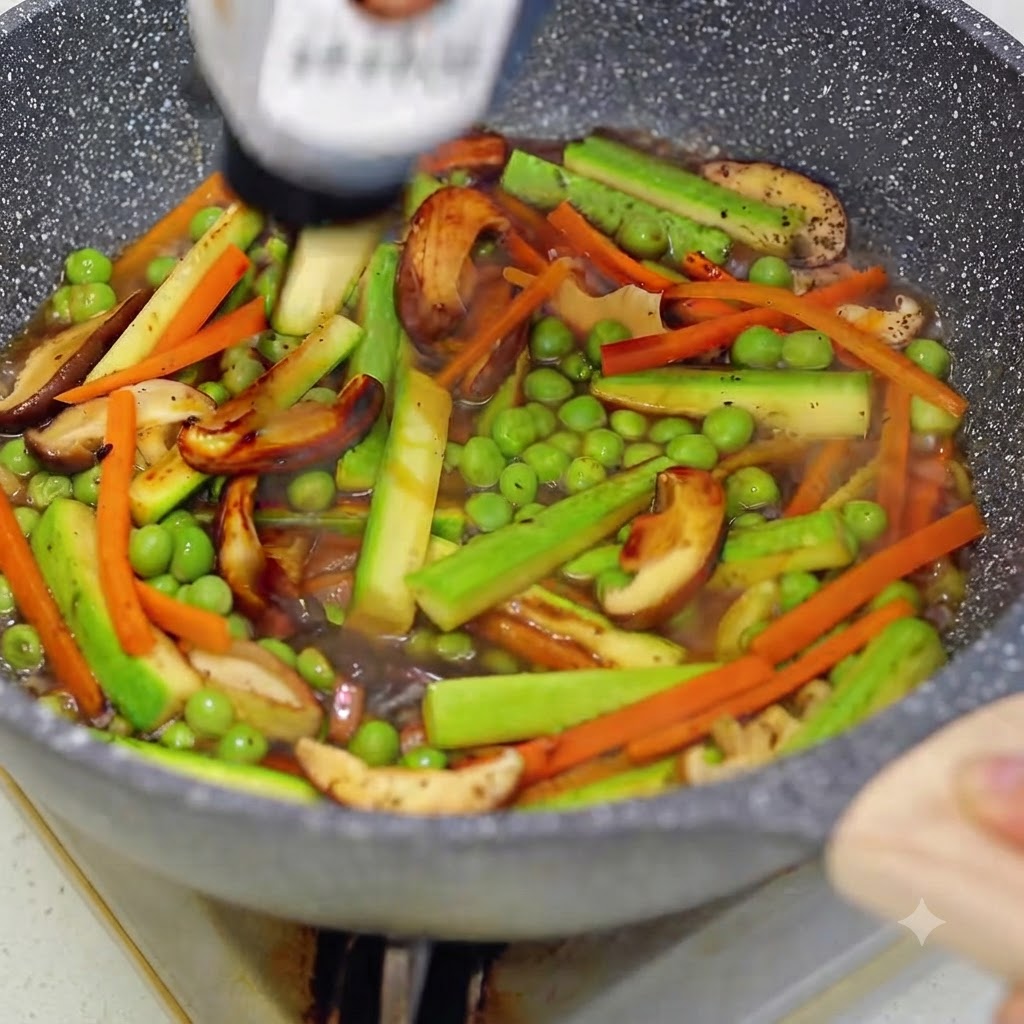 Una botella vertiendo salsa en una sartén que contiene verduras salteadas mixtas y guisantes.
