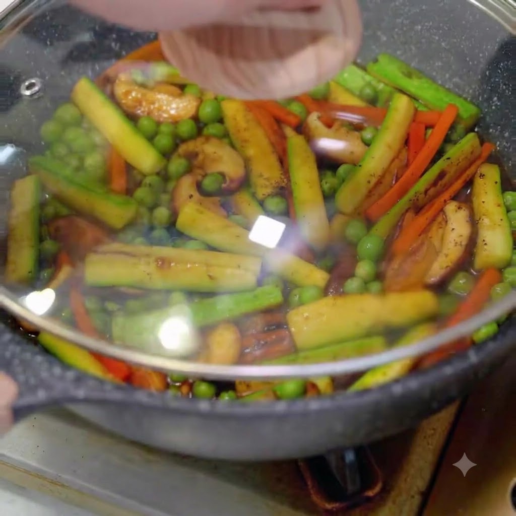 Una tapa de cristal colocada sobre una sartén llena de verduras y caldo a fuego lento.
