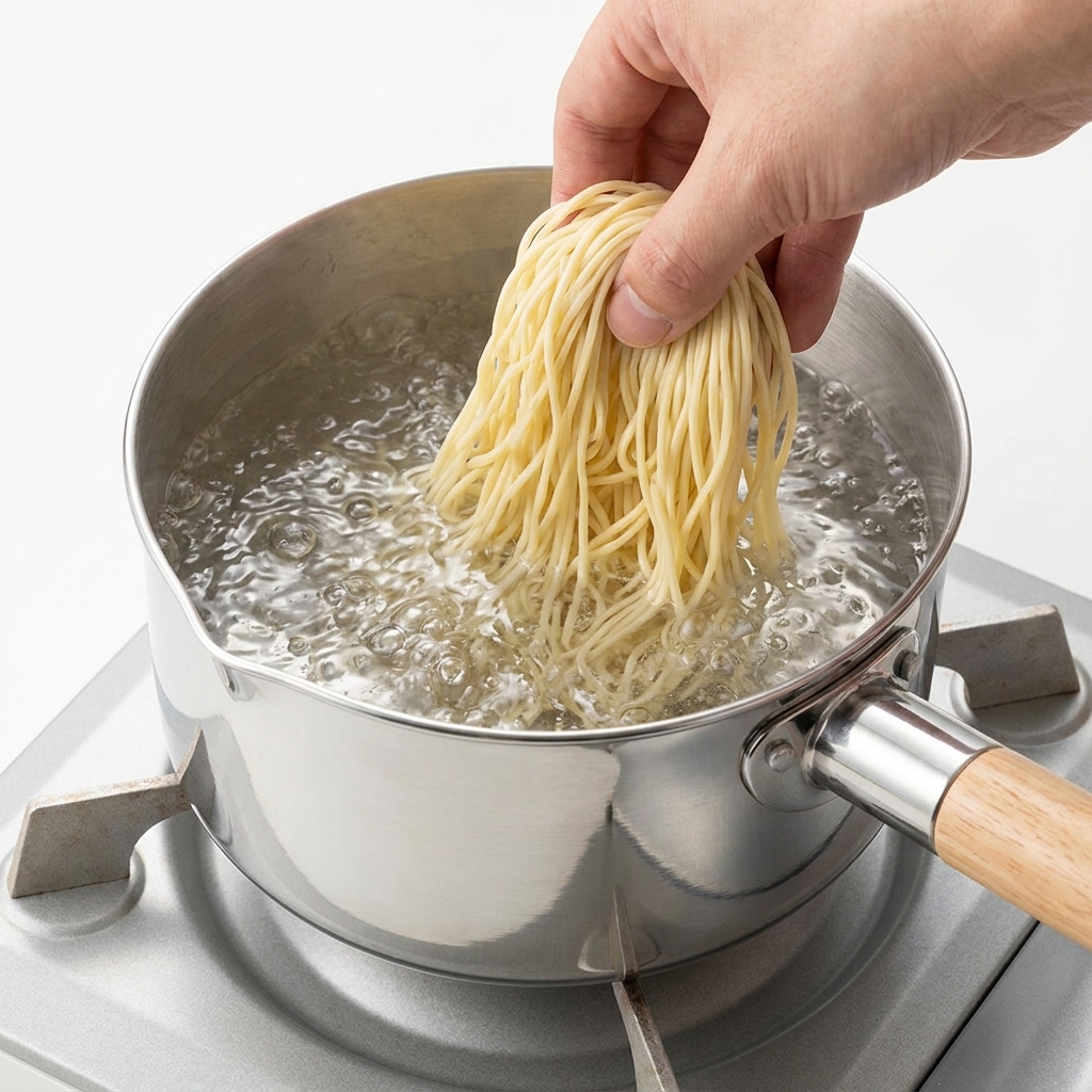 Fideos frescos introduciéndose en una olla con agua hirviendo burbujeante en la estufa.