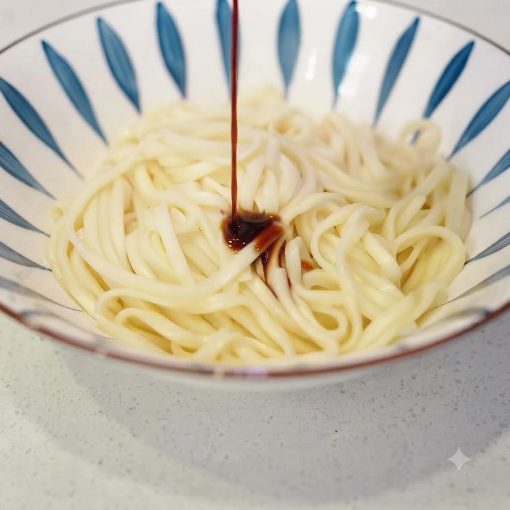 Salsa de soja clara siendo vertida en un bol de fideos recién cocinados.
