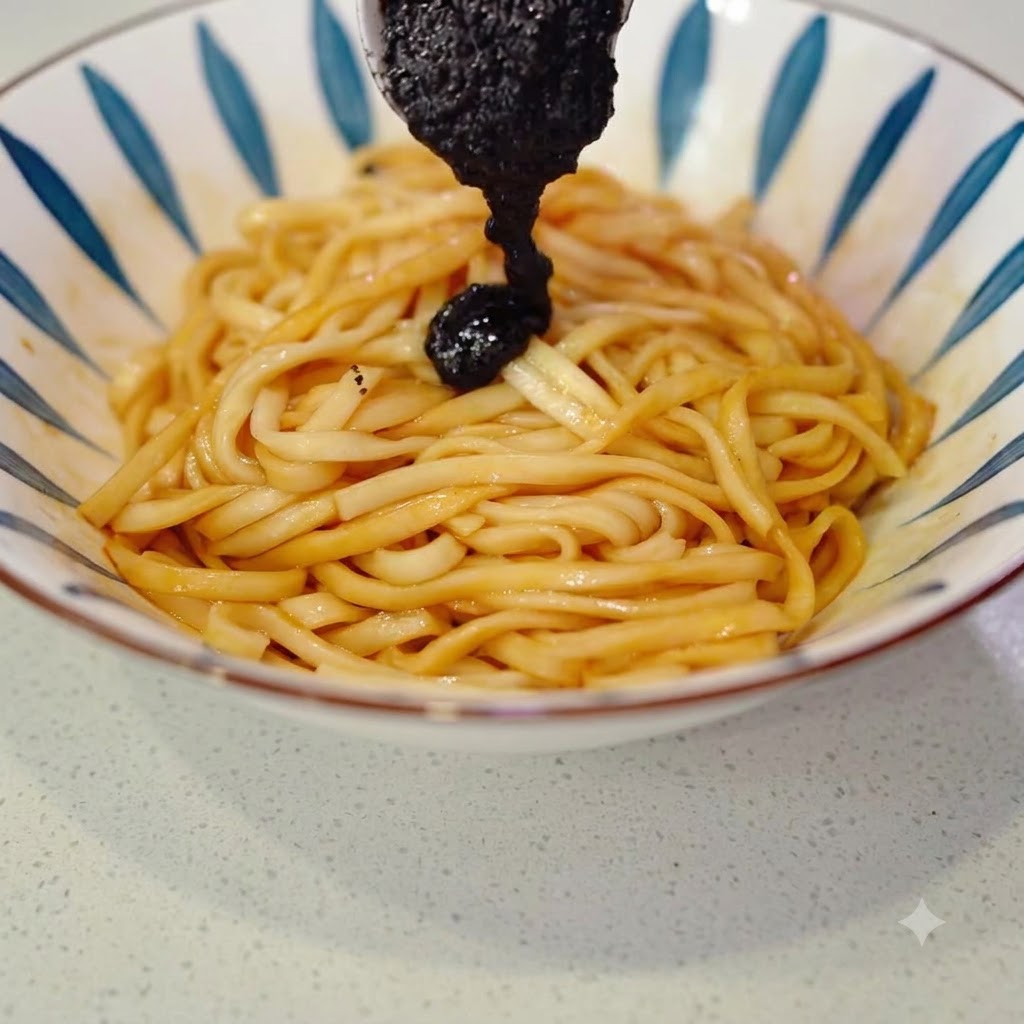 Una gran cucharada de salsa de trufa negra oscura añadida sobre el bol de fideos.