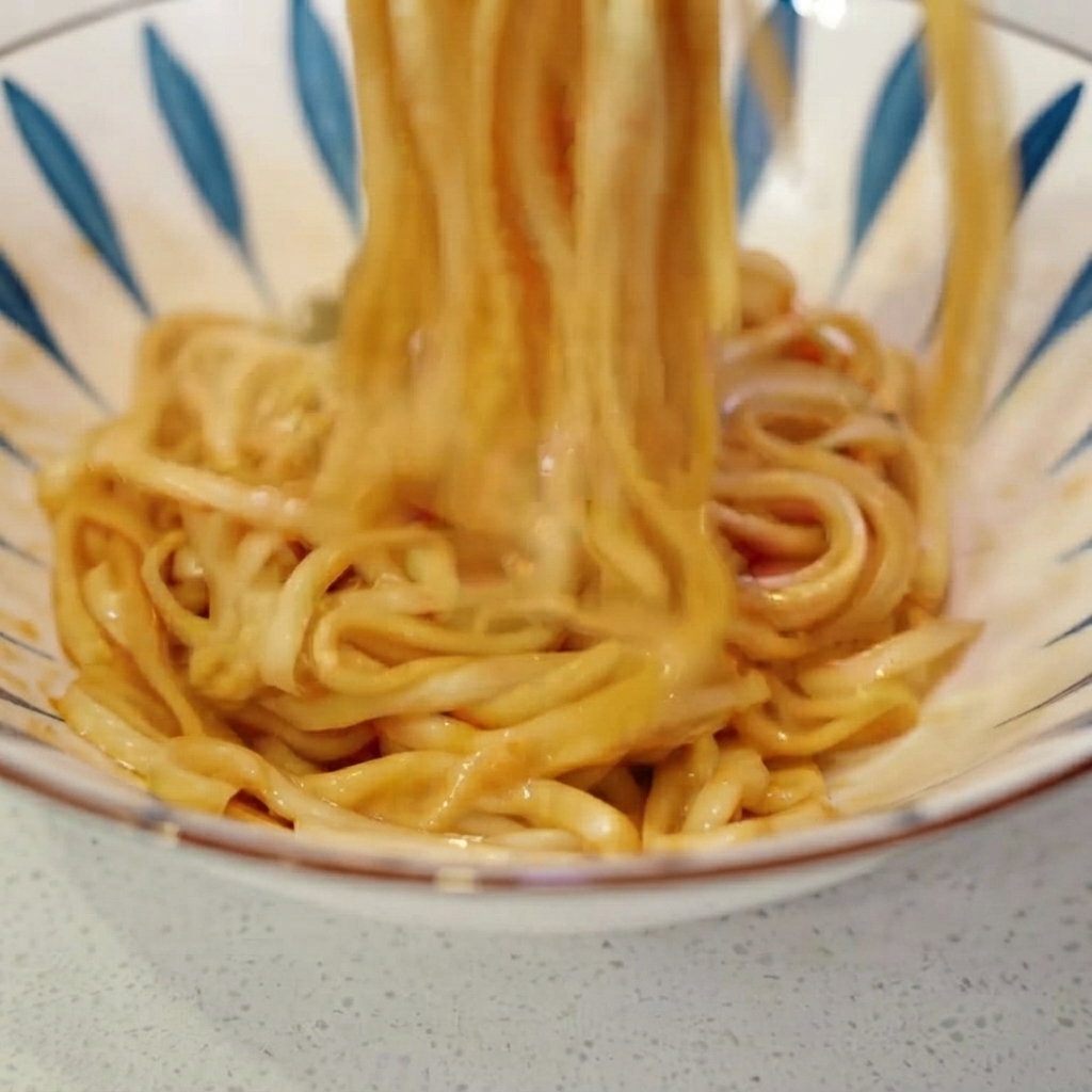 Palillos mezclando los fideos y la salsa juntos dentro de un bol para servir.