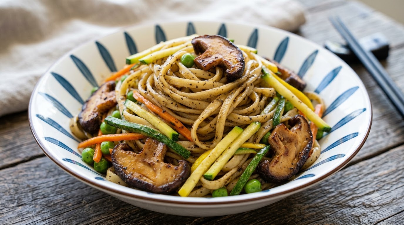 Un plato de fideos mixtos con trufa negra, champiñones shiitake, calabacín, zanahoria y guisantes