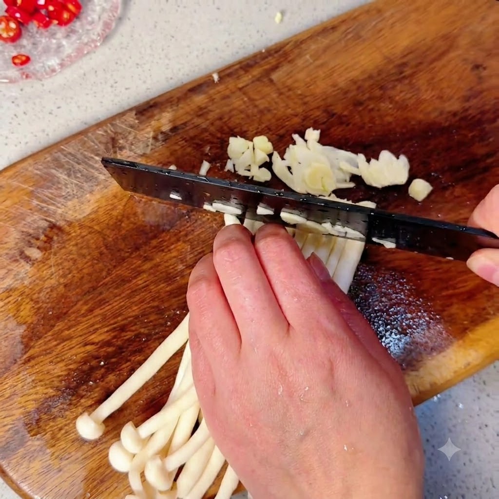 Champiñones shimeji siendo cortados en trozos pequeños en una tabla de madera junto a chiles picados.