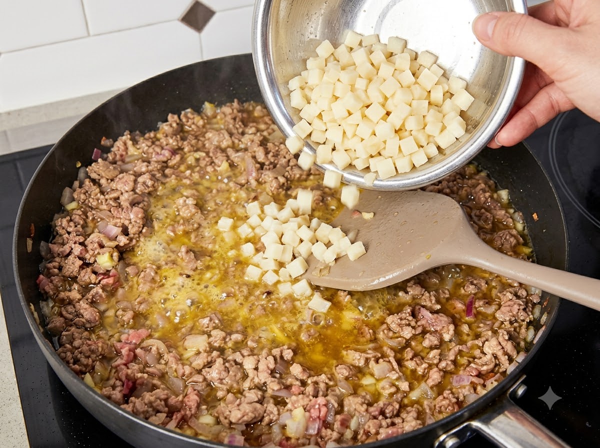 Champiñones picados siendo vertidos desde un tazón a la sartén con carne y cebollas.