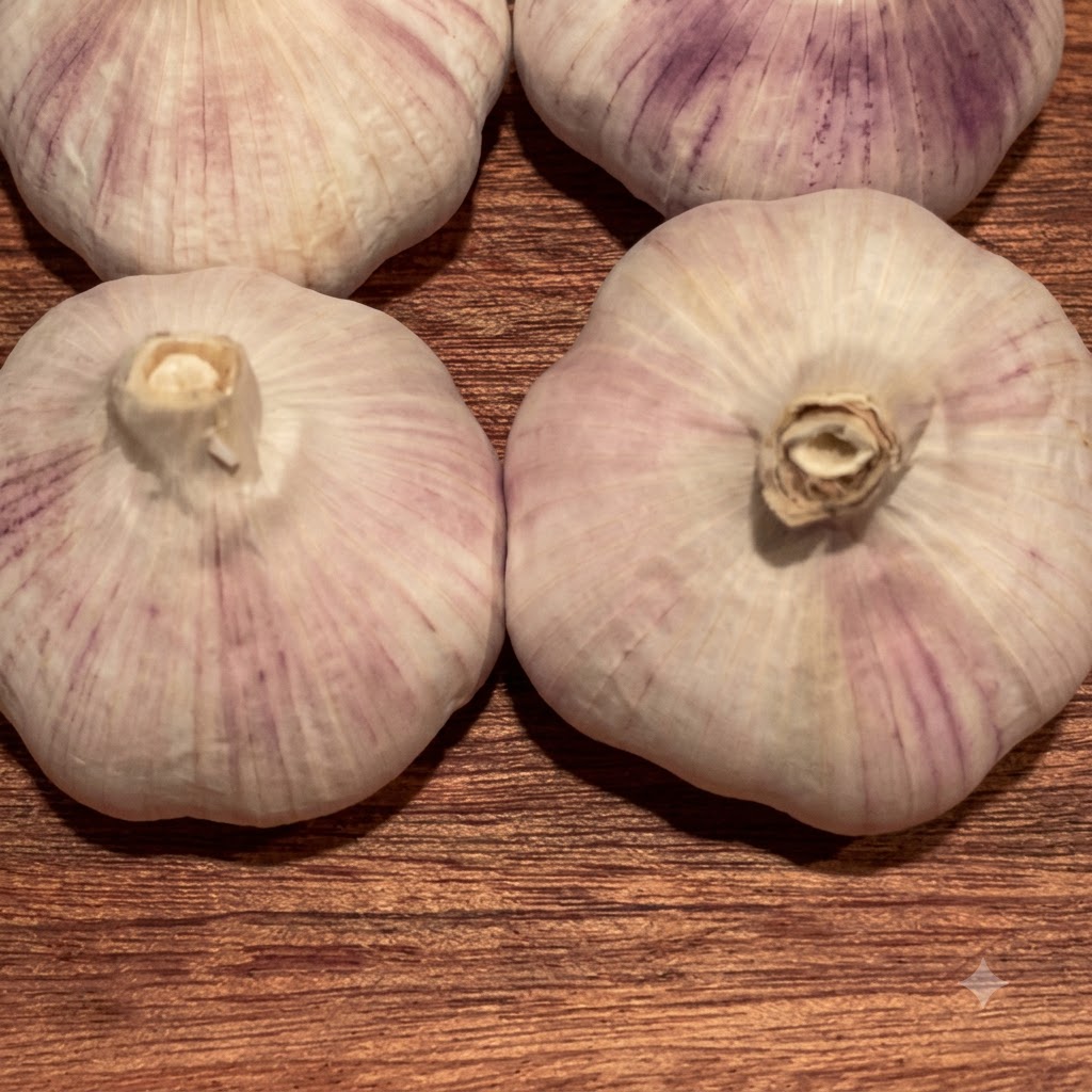 Dientes de ajo sobre una tabla de cortar de madera siendo cortados en finas rodajas con un cuchillo de cocina.
