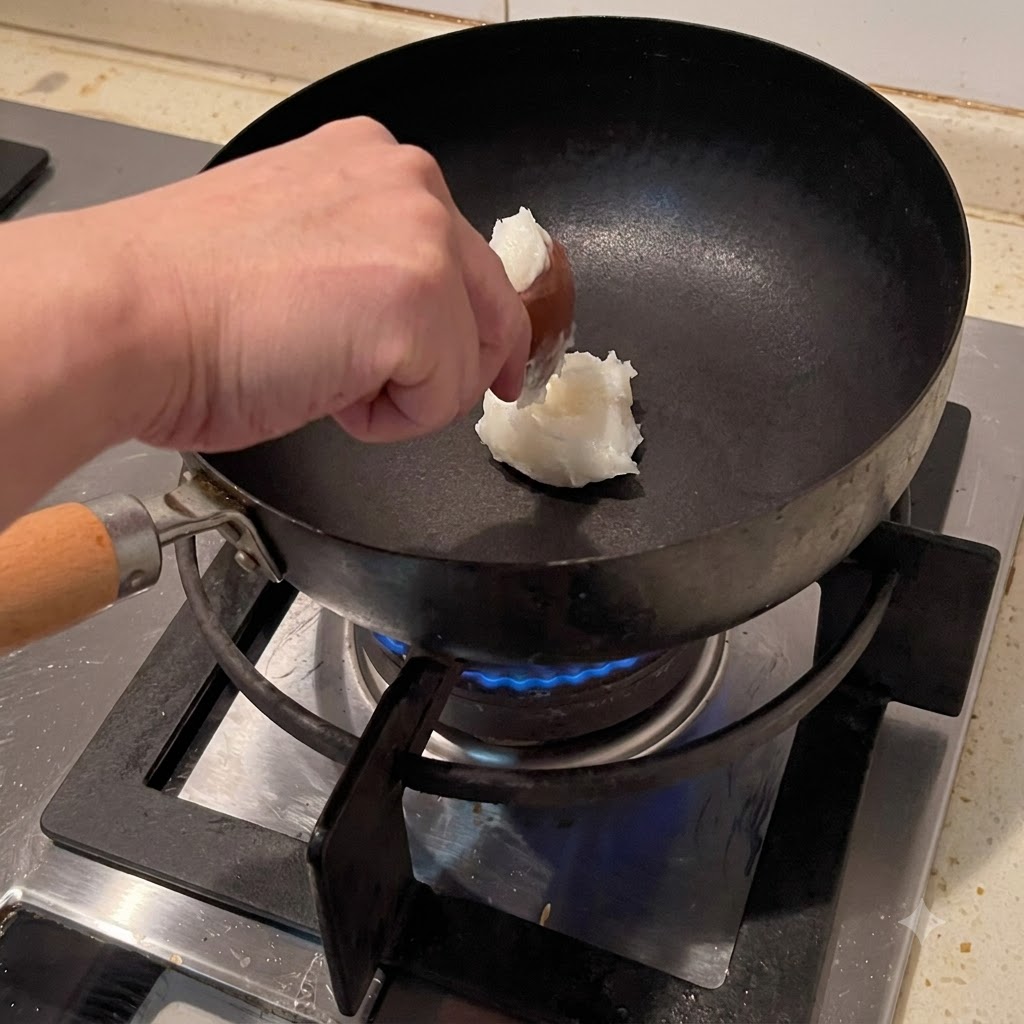 Manteca agregándose a un wok caliente derritiéndose en aceite sobre una llama azul.