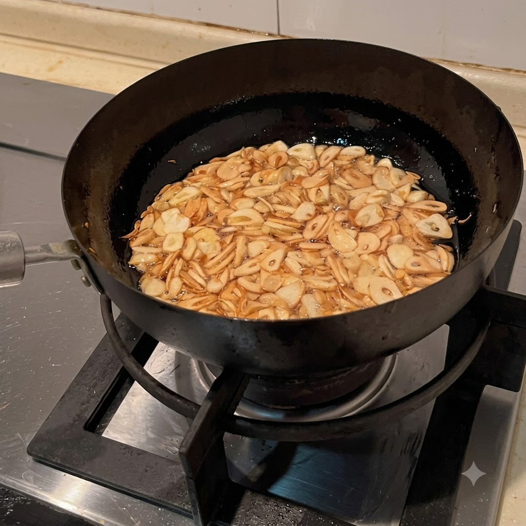 Chips de ajo dorados friéndose uniformemente en aceite dentro de una sartén.