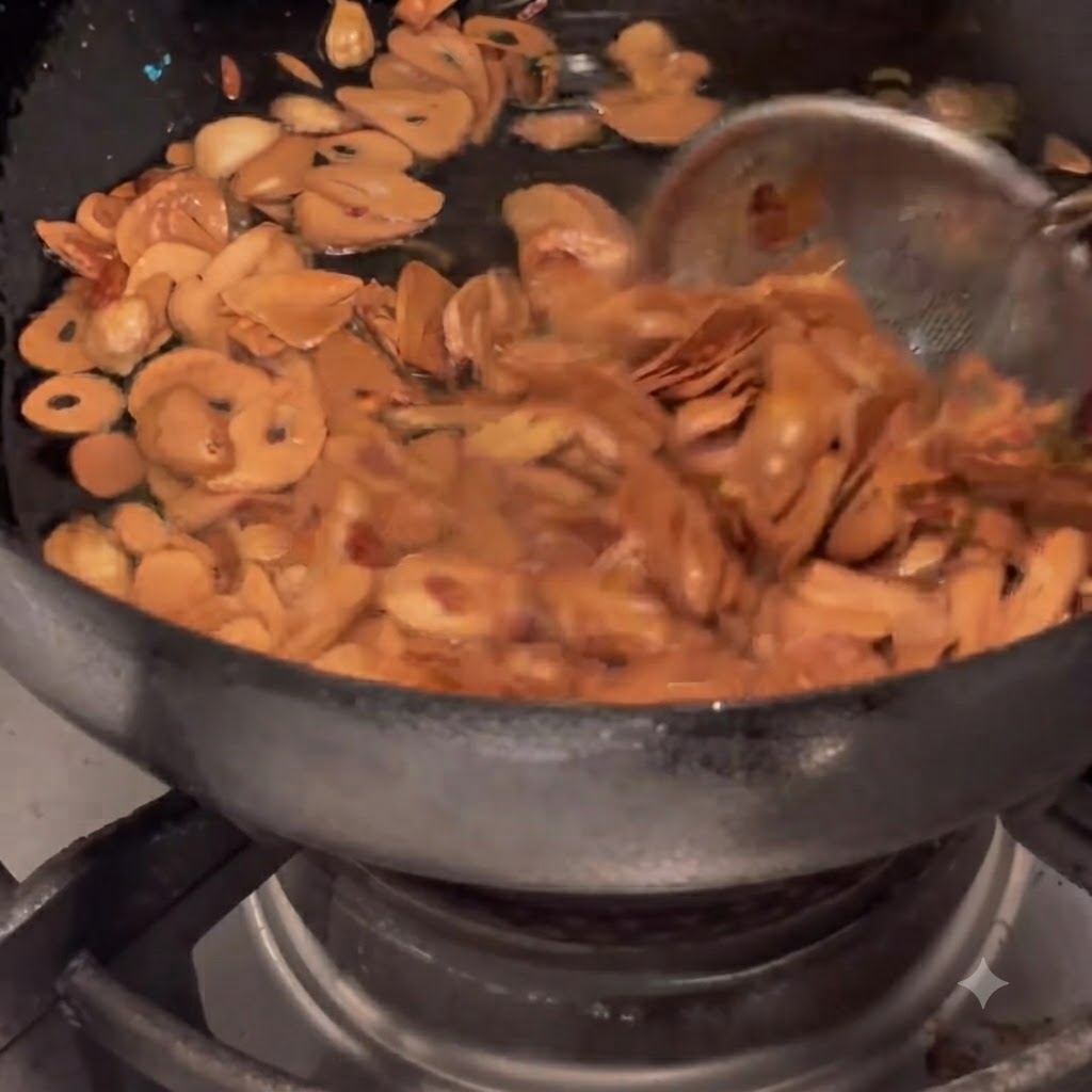 Trozos de ajo marrón siendo retirados del aceite caliente con un colador de alambre.