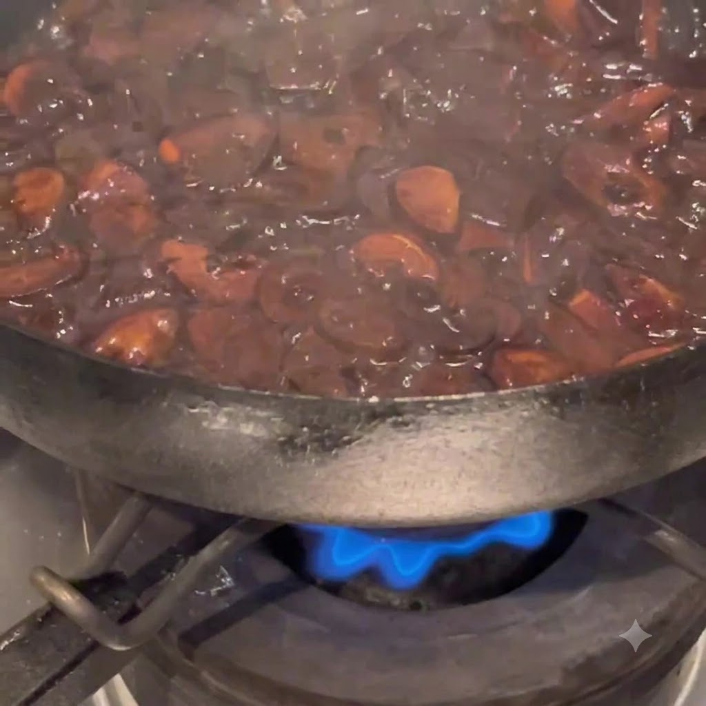 Trozos de ajo friéndose en aceite hasta quedar completamente negros y ahumados.