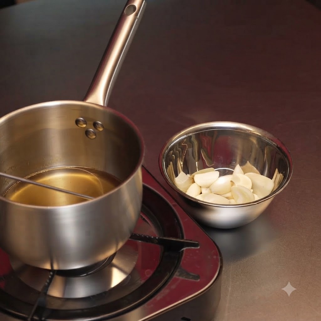 Dientes de ajo pelados siendo arrojados a una olla con manteca tibia.