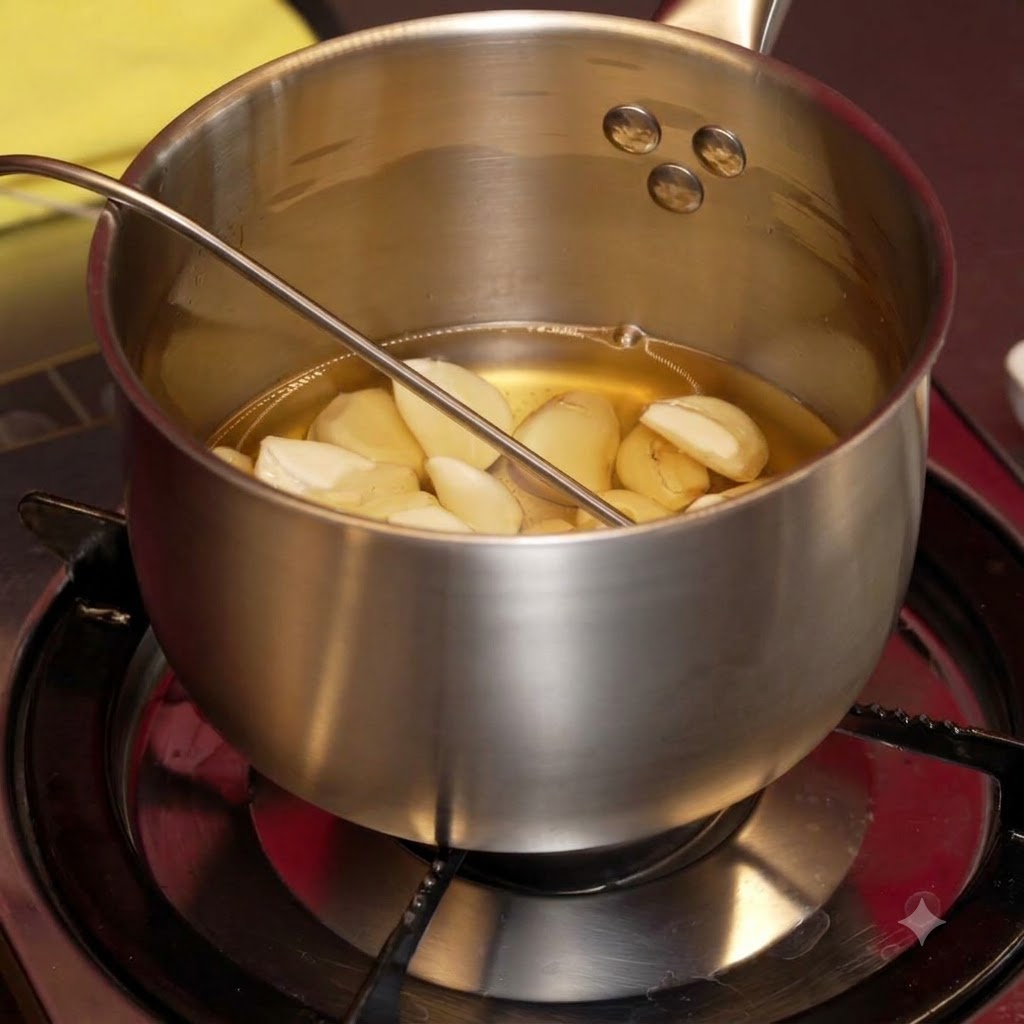 Dientes de ajo friéndose en aceite hasta quedar completamente negros.