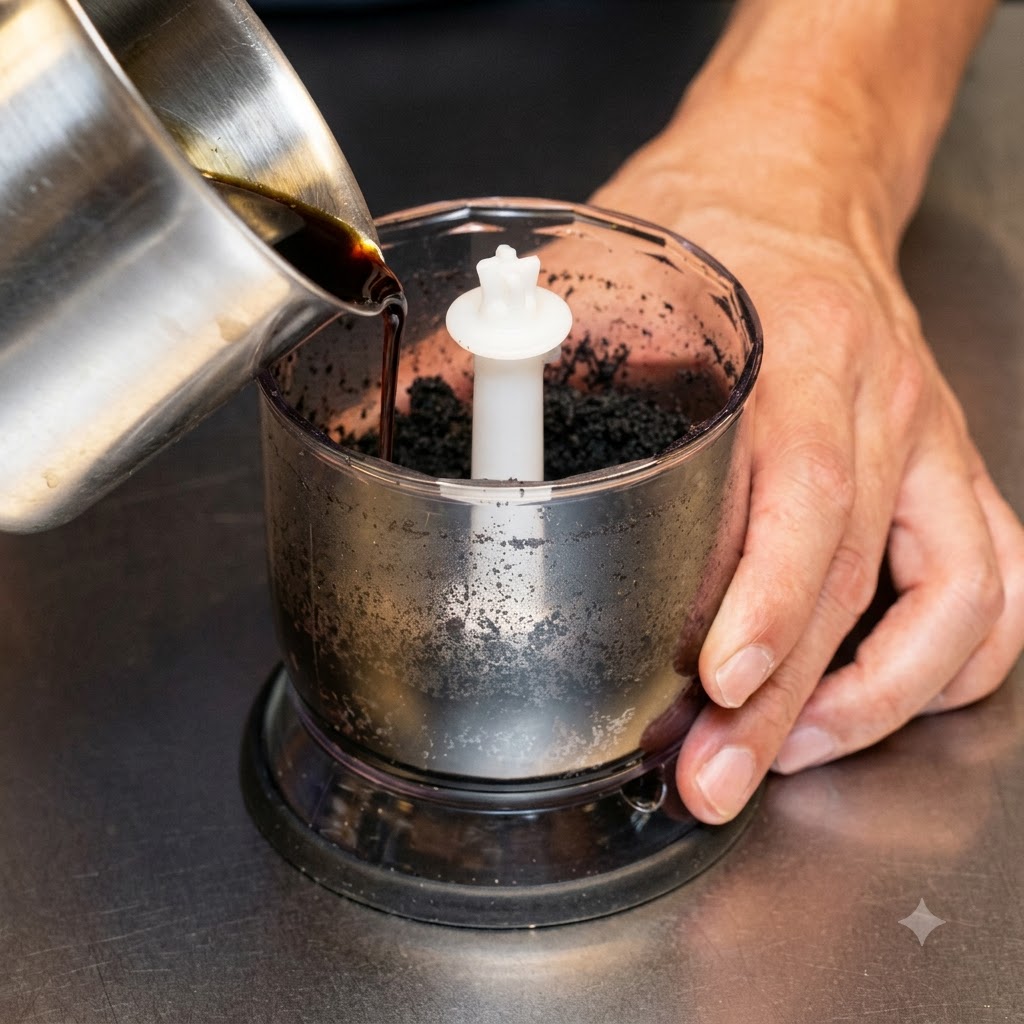 Aceite de ajo negro siendo vertido en un procesador de alimentos con polvo de ajo.