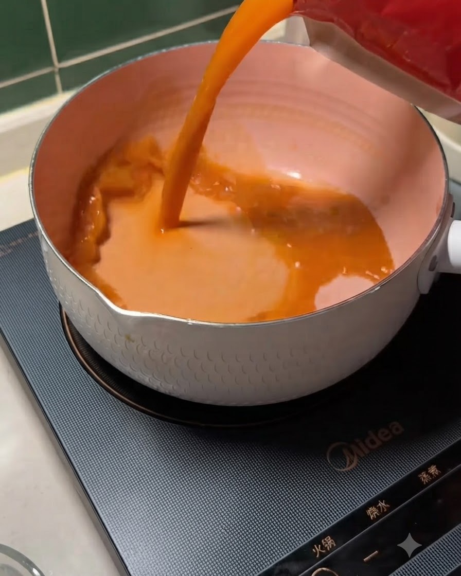 Paquete rojo vertiendo una espesa base de sopa de miso picante japonesa de color naranja en una olla blanca sobre un quemador de inducción negro.