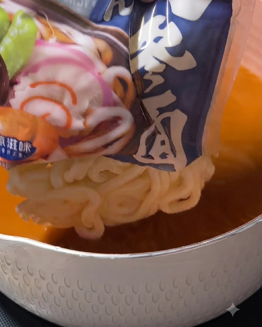 Un bloque de fideos udon blancos cayendo desde un envase azul hacia el caldo de sopa naranja dentro de una olla blanca.