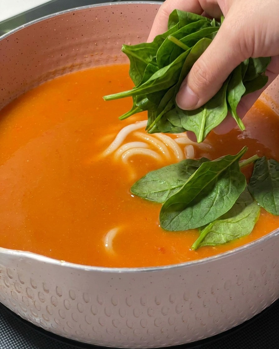Hojas de espinaca verde fresca siendo añadidas a mano en una olla de sopa de miso picante naranja con fideos udon.