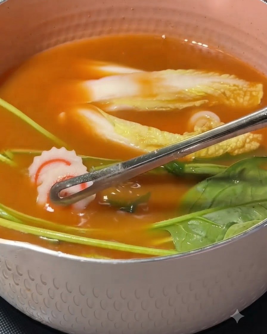 Unas pinzas colocando rodajas de pasteles de pescado naruto en espiral dentro de una olla llena de caldo, col china y espinacas.