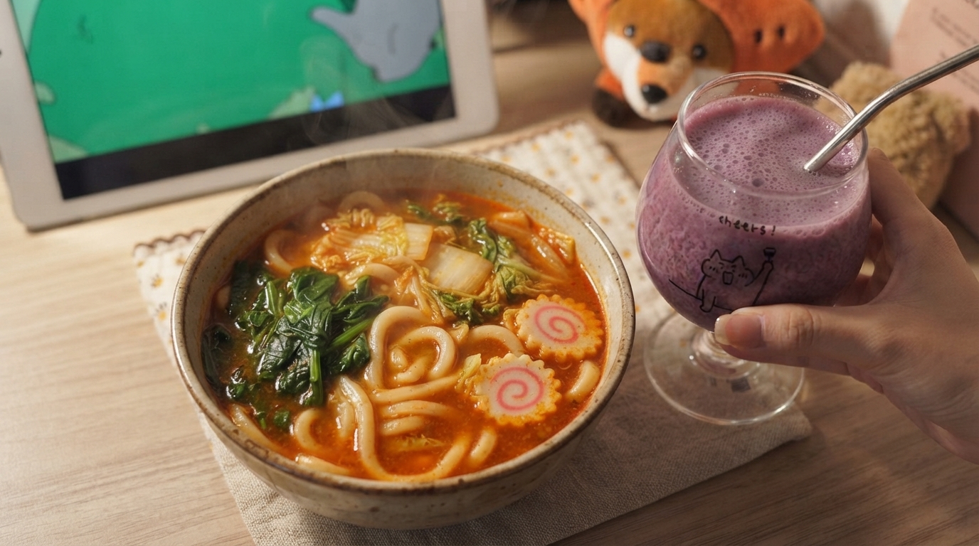 Sopa de Fideos Udon con Miso Picante y Bebida de Leche y Uva
