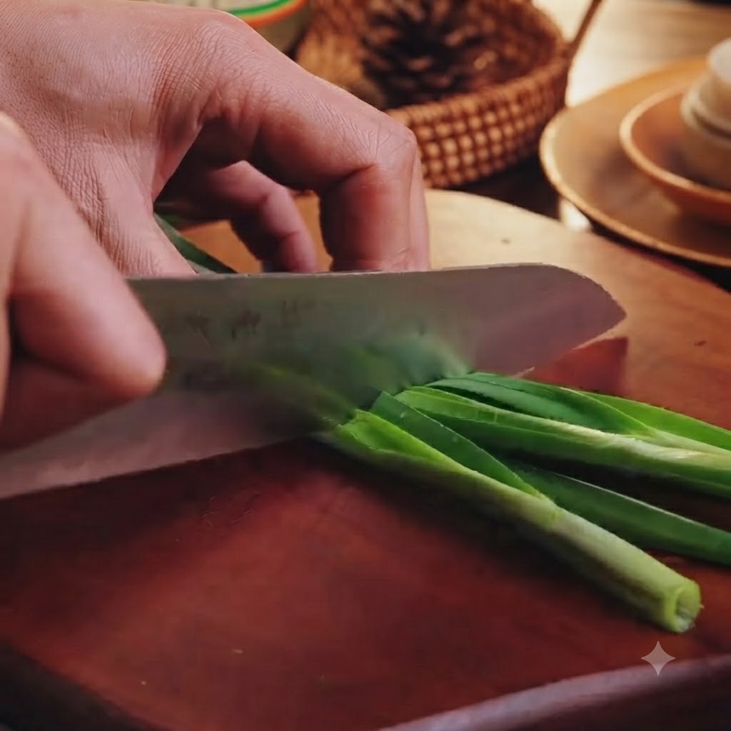Cortando cebollinos verdes en trozos pequeños sobre una tabla de picar de madera con un cuchillo de cocina.