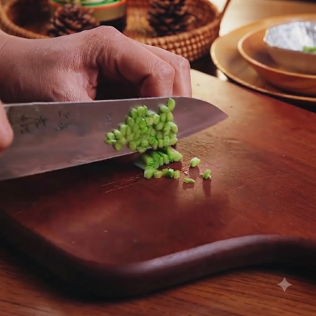 Trozos de cebolla blanca picados finamente sobre una tabla de picar de madera.