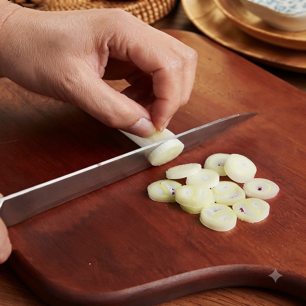 Rodajas finas de cebolla de verdeo y ajo picado dispuestos sobre una tabla de picar de madera.