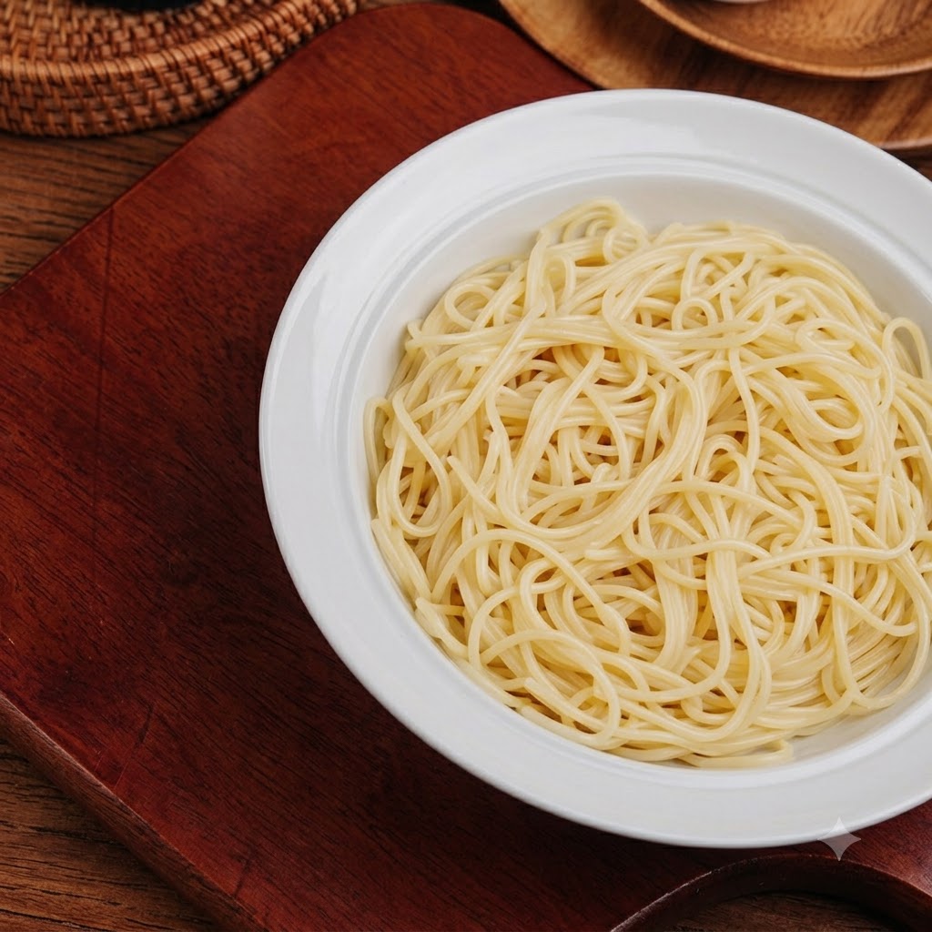 Fideos cocinados dentro de un tazón blanco listos para ser mezclados con aceite.
