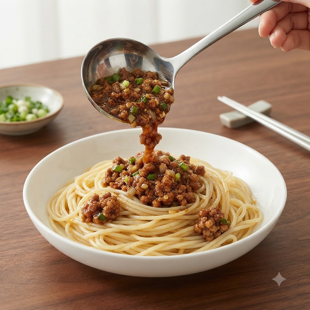 Un cucharón vertiendo salsa de carne marrón y rica sobre una cama de fideos en un tazón blanco para servir.