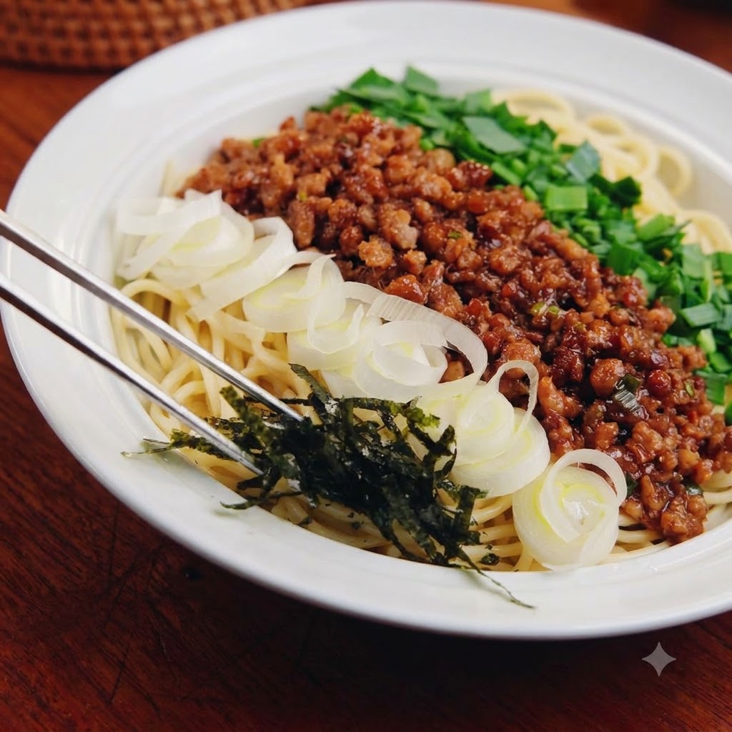 Un tazón de fideos y salsa de carne adornado con cebollas verdes en rodajas, cebollas blancas y nori.
