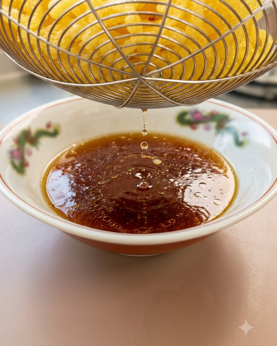 Fideos ramen amarillos y gruesos siendo levantados de un colador y goteando agua en un tazón con patrón lleno de salsa.