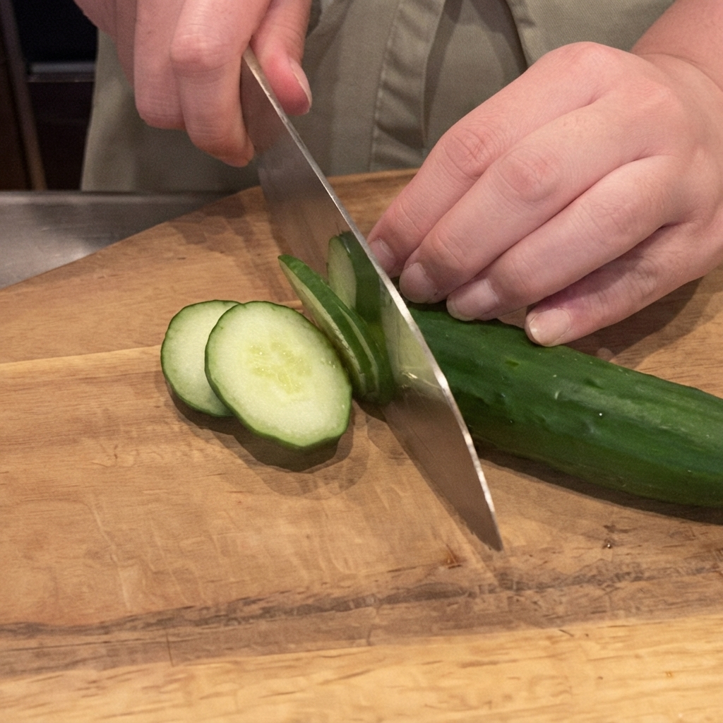 Un cuchillo afilado cortando un pepino verde fresco en rodajas finas sobre una tabla de cortar de madera.