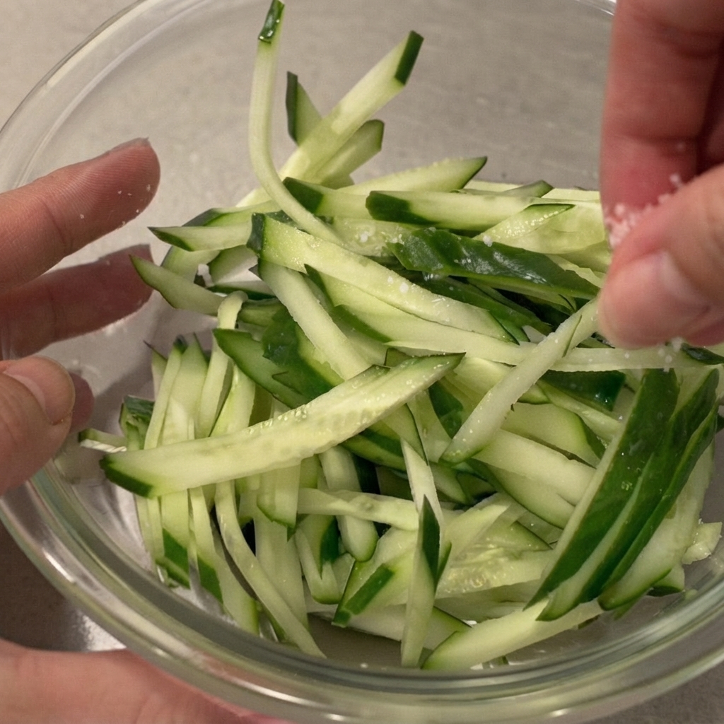Manos esparciendo sal gruesa sobre un bol con tiras de pepino verde fresco recién rallado.