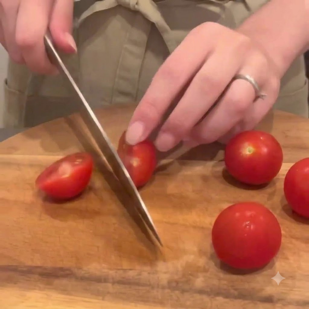 Tomates cherry rojos frescos cortados a la mitad con un cuchillo sobre una tabla de cortar de madera.