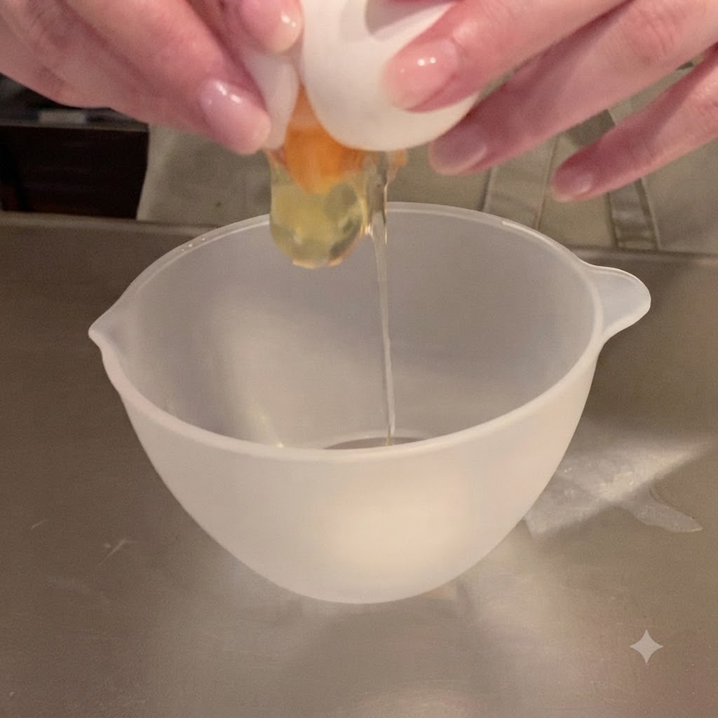 Un huevo siendo cascado, con la yema y la clara cayendo en un bol de mezcla vacío.