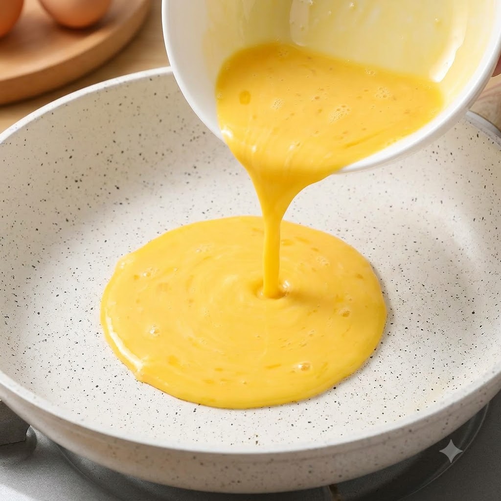 Mezcla de huevo amarillo batido siendo vertida desde un bol en una sartén antiadherente caliente con motas.