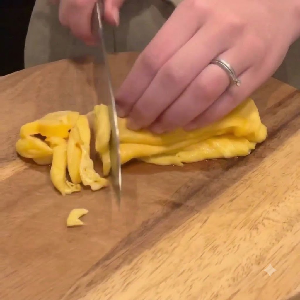 Una tortilla de huevo siendo cortada en tiras finas con un cuchillo sobre una tabla de cortar de madera.