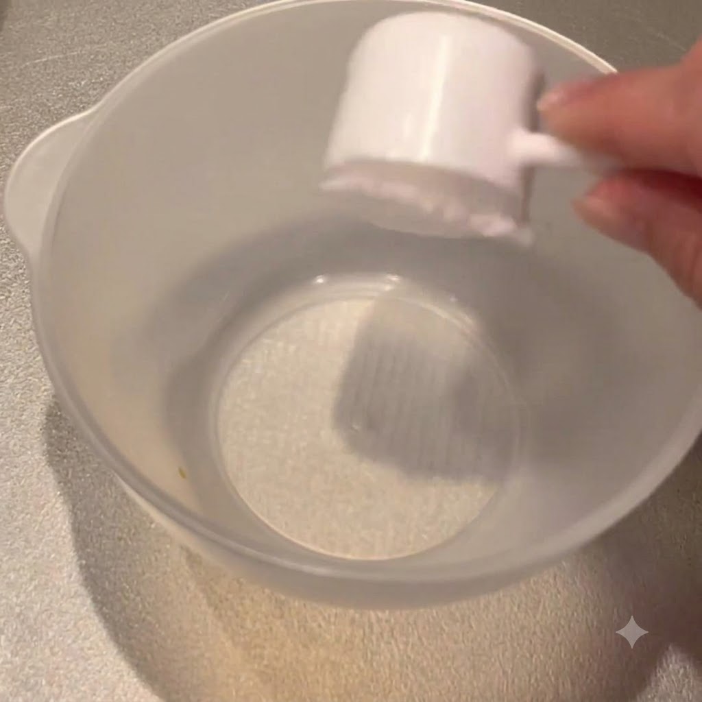 Una cuchara medidora llena de azúcar siendo agregada a un bol de mezcla transparente para preparar la salsa.