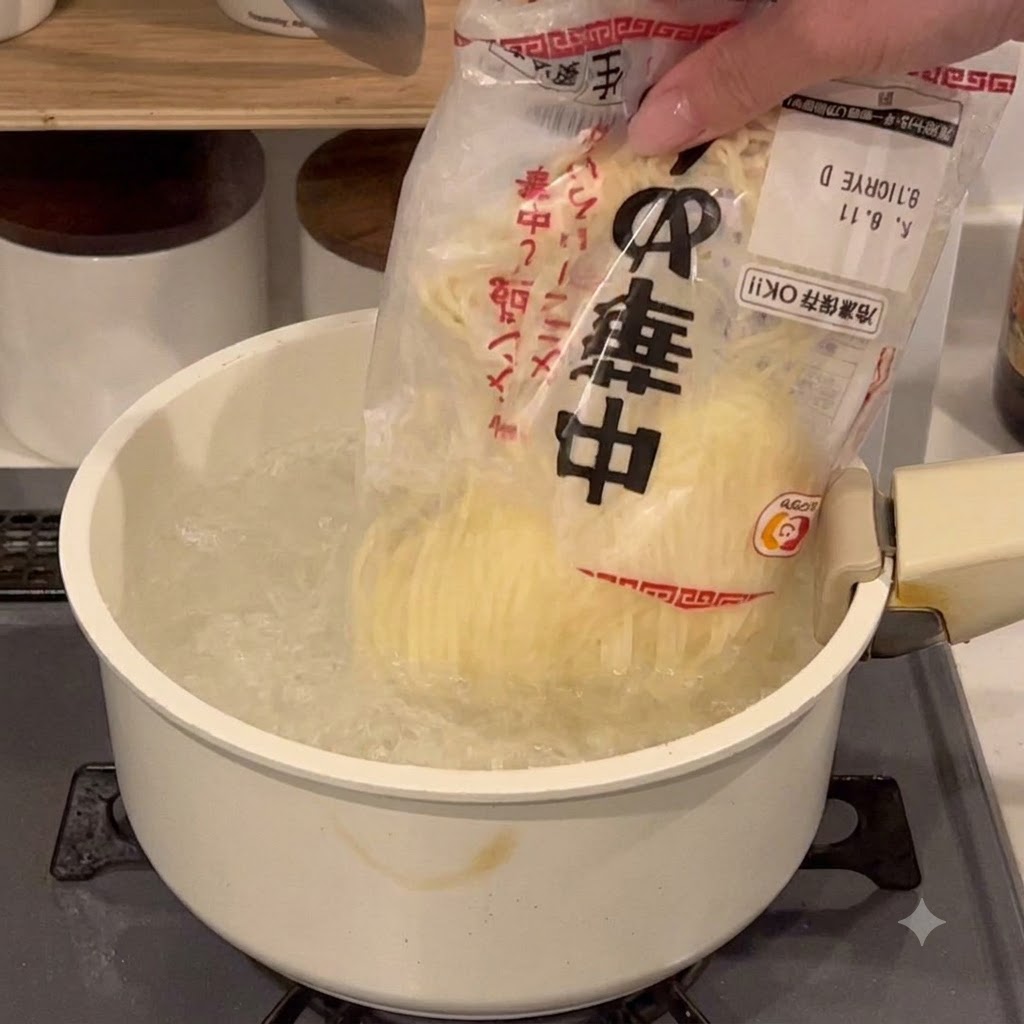 Un paquete de fideos siendo vaciado en una olla grande con agua hirviendo en una hornalla de la estufa.