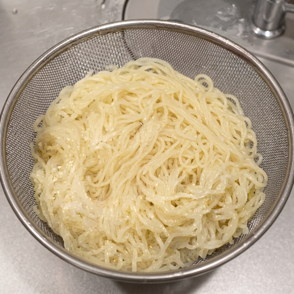 Fideos cocidos reposando dentro de un colador de malla de acero inoxidable después de ser enjuagados bajo agua fría.