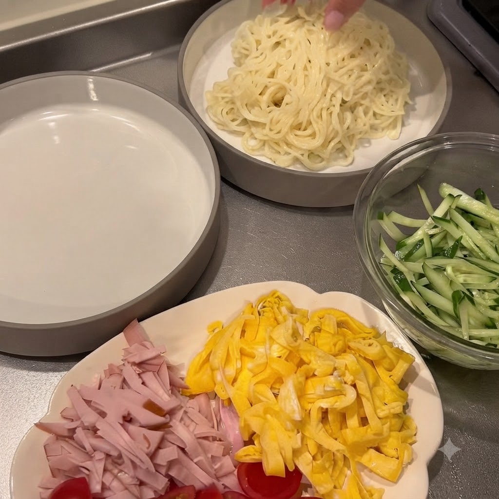 Un bol de servicio lleno de fideos junto a platos separados que contienen pepino rallado, jamón y tiras de huevo.